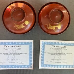 Pair Antique Japanese Lacquer Bowls w/ Covers - Full Moon Cranes - Meiji Period